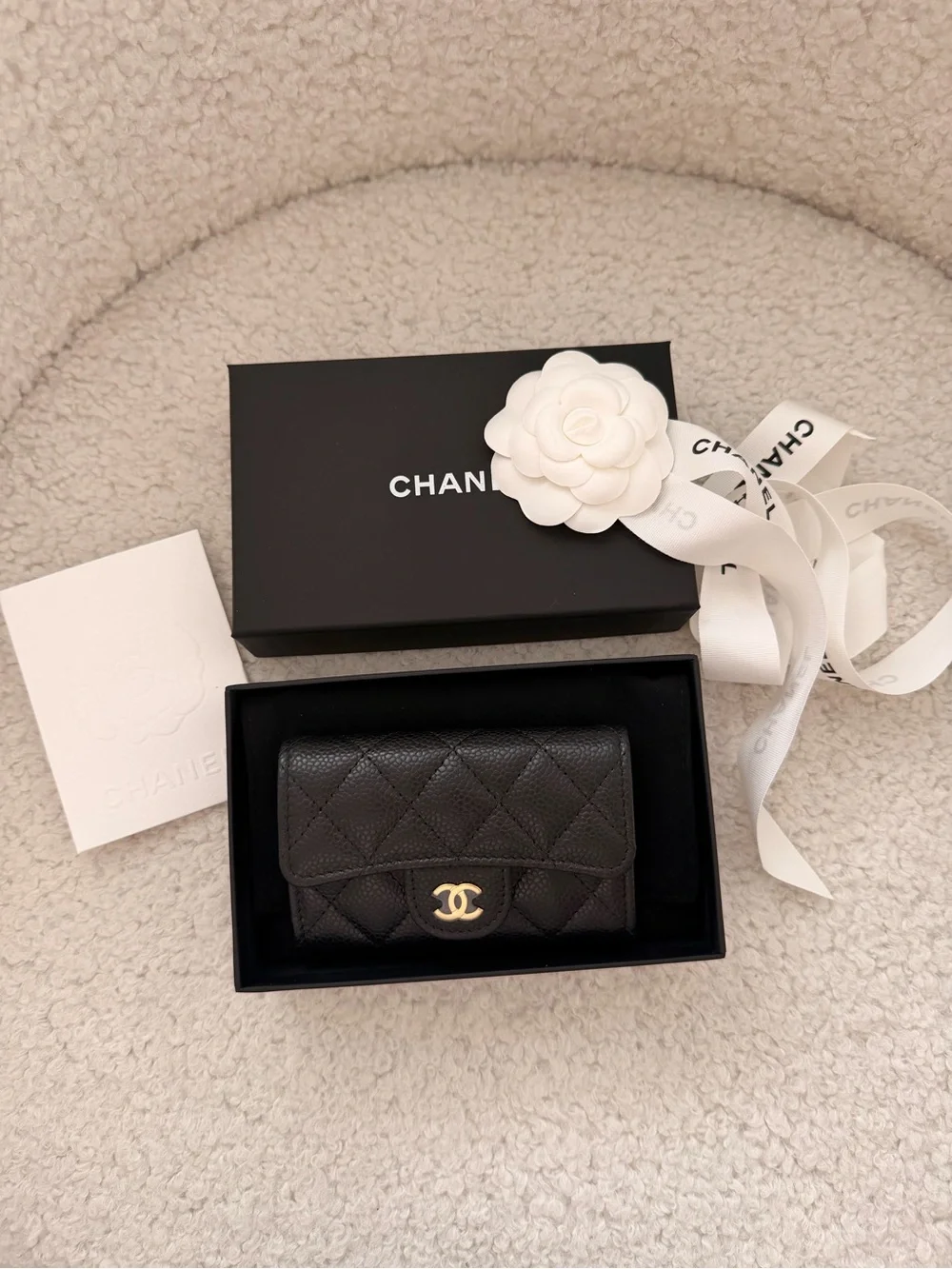 CHANEL Black Quilted Pebbled Leather Card holder Wallet with Gold CC brand new